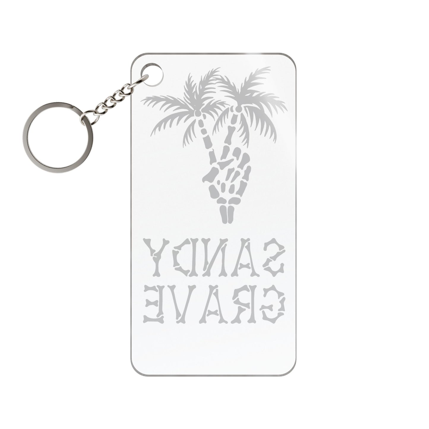 Sandy Grave Peace Palm acrylic keychain — skeletal palm peace sign charm, dark coastal gift