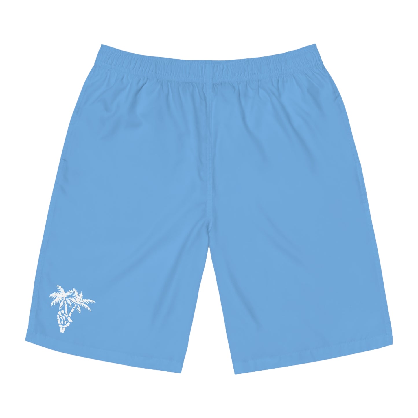 Sandy Grave Peace Palm beach swim trunks — palm tree peace sign board shorts, Florida Keys swimwear