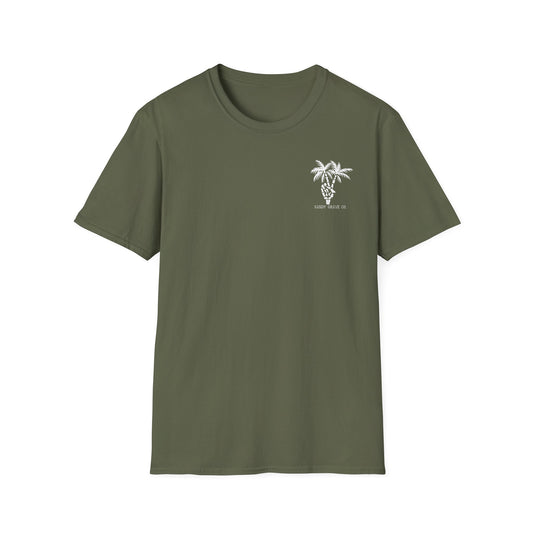 Sandy Grave Peace Palm tee detail — skeletal palm tree peace sign print on premium ring-spun cotton