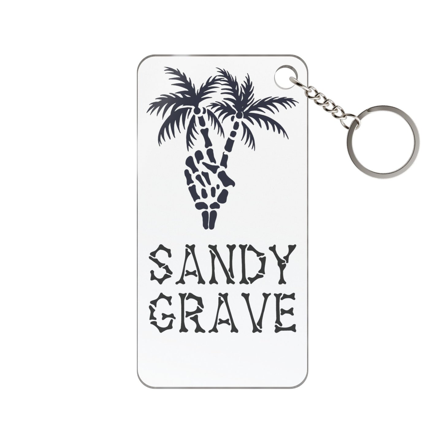 Sandy Grave Peace Palm keychain — palm tree peace sign skeleton hand, clear acrylic beach accessory