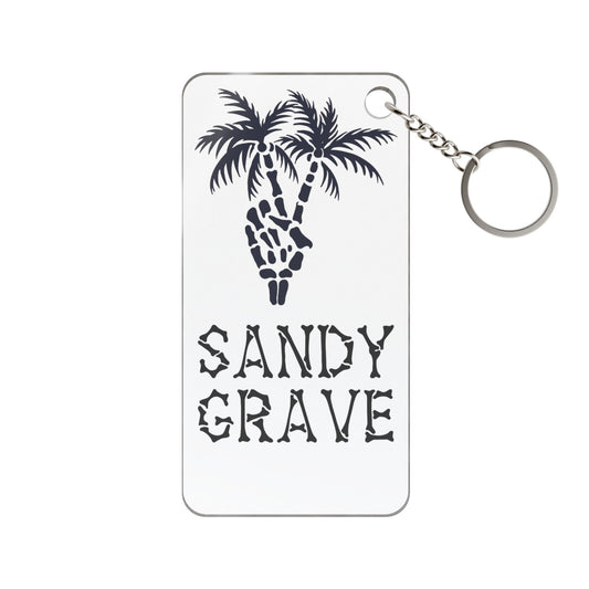 Sandy Grave Peace Palm keychain — palm tree peace sign skeleton hand, clear acrylic beach accessory