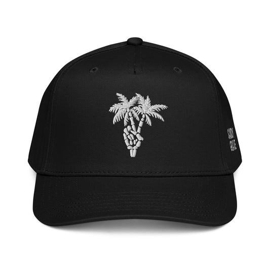 Sandy Grave Peace Palms 5-panel cap — palm tree peace sign skeleton hand, Florida coastal lifestyle hat