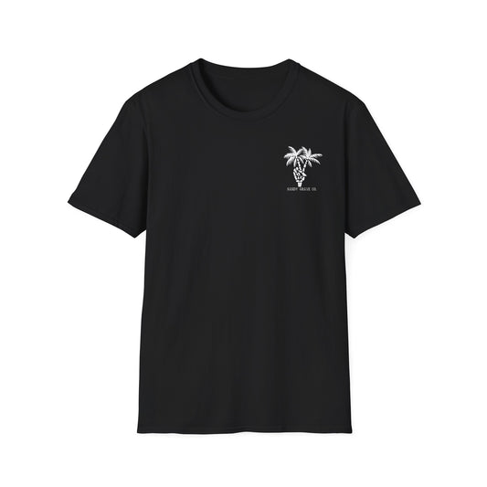 Sandy Grave Peace Palm tee — palm tree peace sign skeleton hand graphic, Florida coastal lifestyle t-shirt