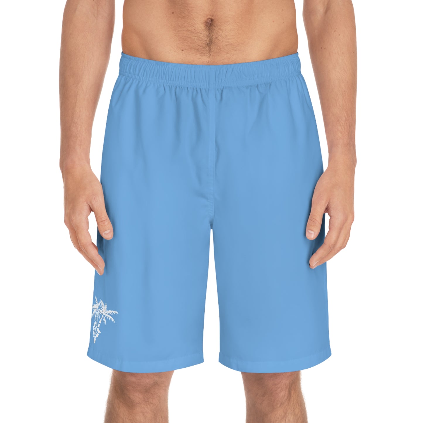 Sandy Grave Peace Palm board shorts — tropical coastal swim trunks, elastic waist side pockets